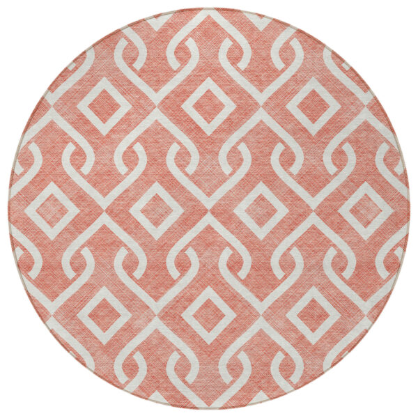 8' Salmon And Ivory Round Geometric Washable Indoor Outdoor Area Rug