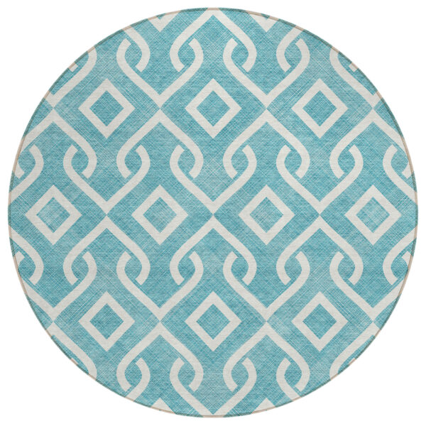 8' Teal Blue And Ivory Round Geometric Washable Indoor Outdoor Area Rug