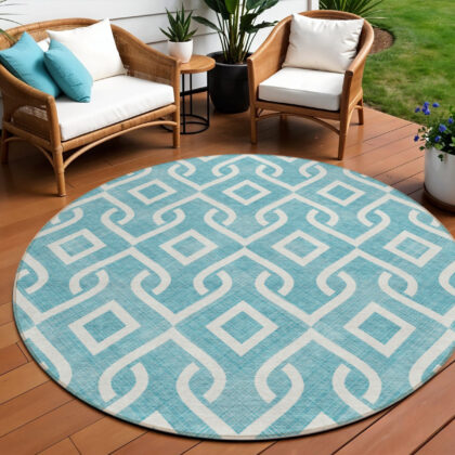 8' Teal Blue And Ivory Round Geometric Washable Indoor Outdoor Area Rug