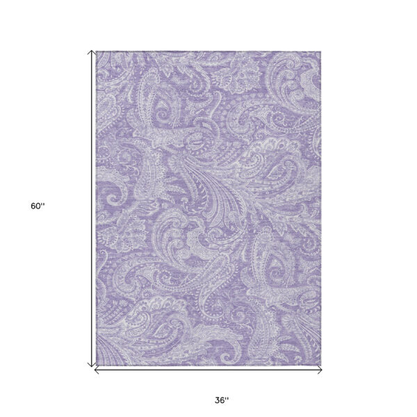 3' X 5' Lavender Purple And Ivory Paisley Washable Indoor Outdoor Area Rug