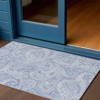 3' X 5' Denim Blue Sky Blue And Ivory Paisley Washable Indoor Outdoor Area Rug