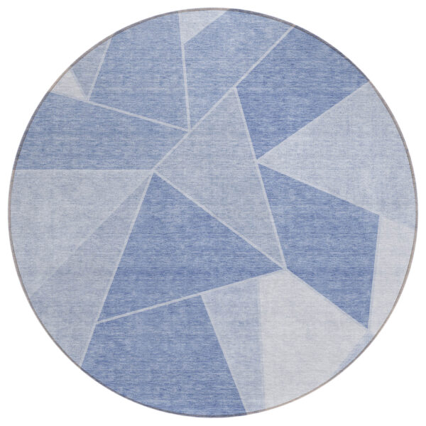 8' Sky Blue And Denim Blue Round Geometric Washable Indoor Outdoor Area Rug