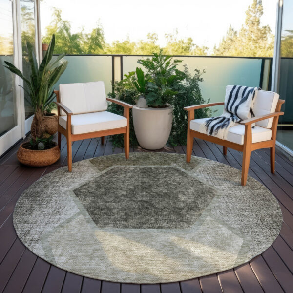 8' Taupe Beige And Chocolate Round Geometric Washable Indoor Outdoor Area Rug