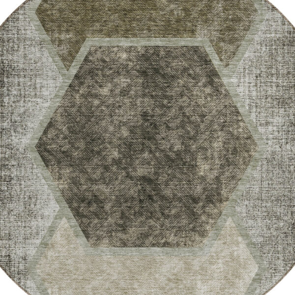 8' Taupe Beige And Chocolate Round Geometric Washable Indoor Outdoor Area Rug
