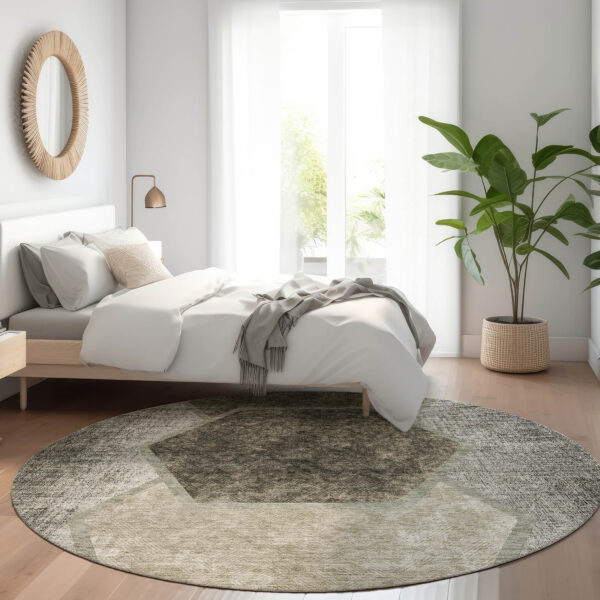 8' Taupe Beige And Chocolate Round Geometric Washable Indoor Outdoor Area Rug