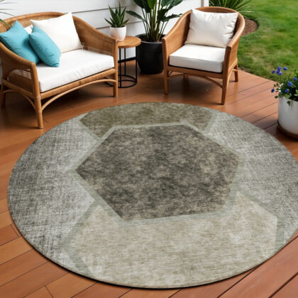 8' Taupe Beige And Chocolate Round Geometric Washable Indoor Outdoor Area Rug