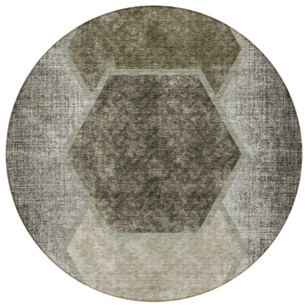 8' Taupe Beige And Chocolate Round Geometric Washable Indoor Outdoor Area Rug