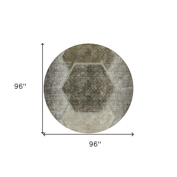 8' Taupe Beige And Chocolate Round Geometric Washable Indoor Outdoor Area Rug