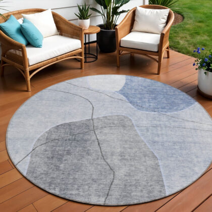 8' Denim Blue And Sky Blue Round Abstract Washable Indoor Outdoor Area Rug