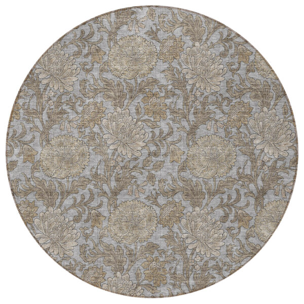 8' Gray Silver And Taupe Round Floral Washable Indoor Outdoor Area Rug