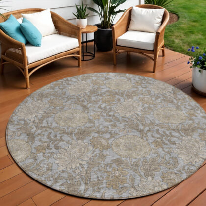 8' Gray Silver And Taupe Round Floral Washable Indoor Outdoor Area Rug