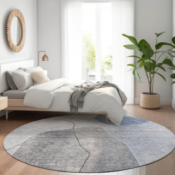 8' Denim Blue And Sky Blue Round Abstract Washable Indoor Outdoor Area Rug