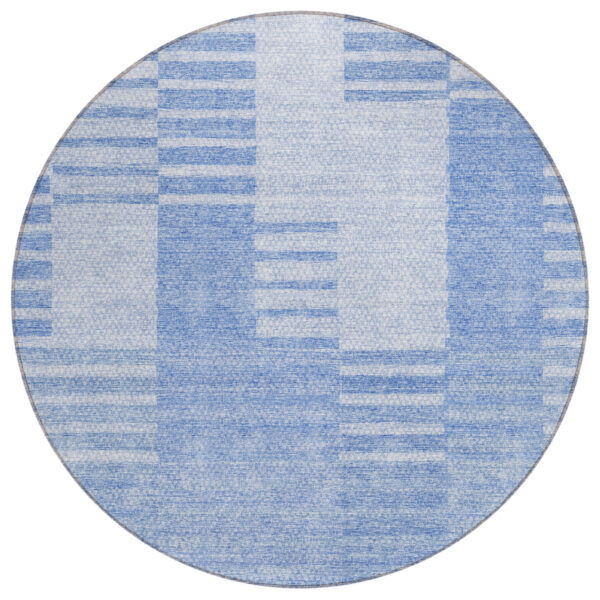 8' Sky Blue And Denim Blue Round Striped Washable Indoor Outdoor Area Rug