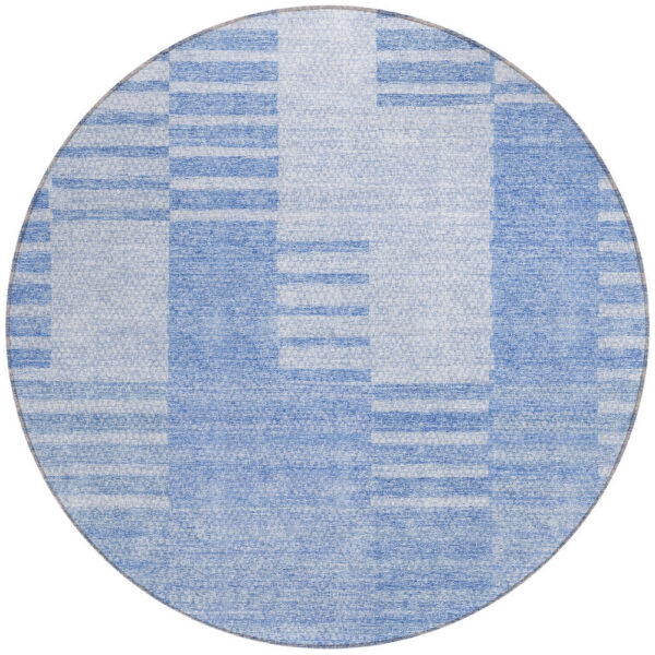 8' Sky Blue And Denim Blue Round Striped Washable Indoor Outdoor Area Rug