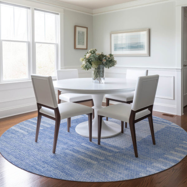 8' Sky Blue And Denim Blue Round Striped Washable Indoor Outdoor Area Rug