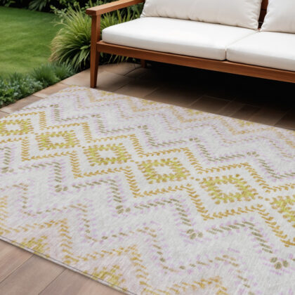 8' X 10' Pearl Ivory And Artichoke Green Geometric Washable Indoor Outdoor Area Rug
