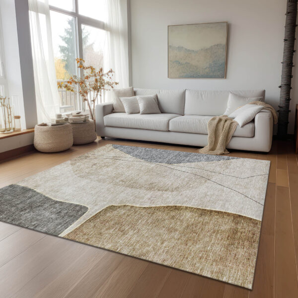 10' X 14' Taupe Beige And Gray Abstract Washable Indoor Outdoor Area Rug