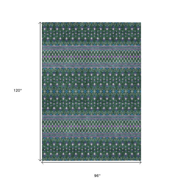 8' X 10' Green Blue And Purple Tribal Washable Indoor Outdoor Area Rug