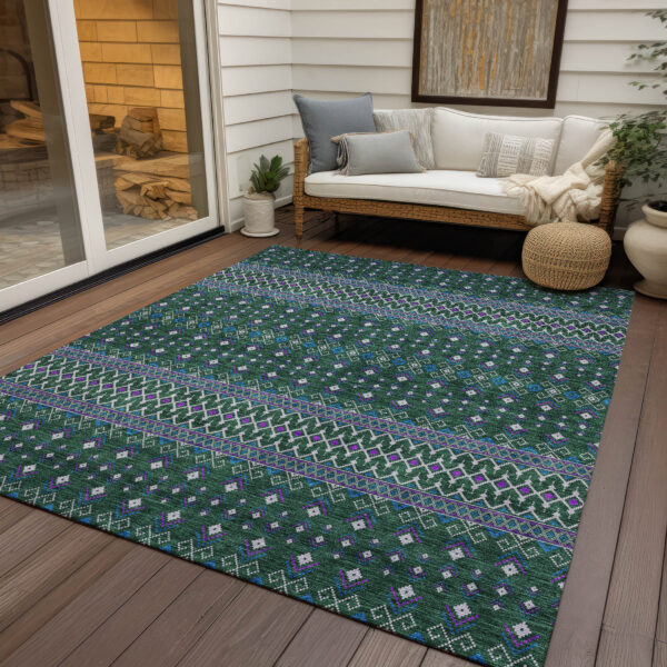 8' X 10' Green Blue And Purple Tribal Washable Indoor Outdoor Area Rug