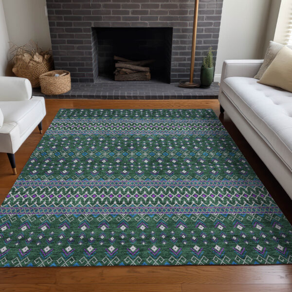 8' X 10' Green Blue And Purple Tribal Washable Indoor Outdoor Area Rug