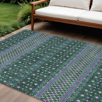 8' X 10' Green Blue And Purple Tribal Washable Indoor Outdoor Area Rug