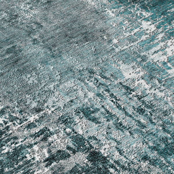 8' Teal Blue Gray And Charcoal Round Abstract Washable Indoor Outdoor Area Rug