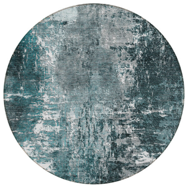 8' Teal Blue Gray And Charcoal Round Abstract Washable Indoor Outdoor Area Rug