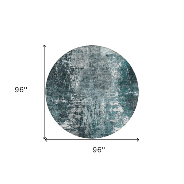 8' Teal Blue Gray And Charcoal Round Abstract Washable Indoor Outdoor Area Rug