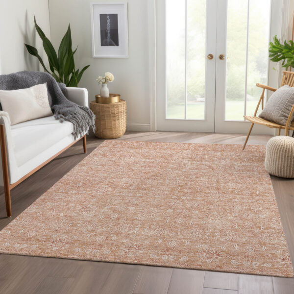 5' X 8' Copper And Beige Floral Washable Indoor Outdoor Area Rug