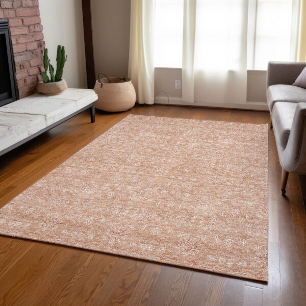 5' X 8' Copper And Beige Floral Washable Indoor Outdoor Area Rug
