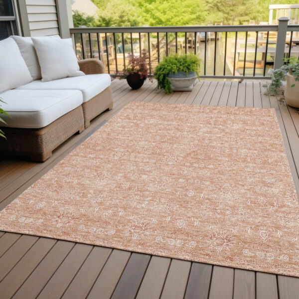 5' X 8' Copper And Beige Floral Washable Indoor Outdoor Area Rug