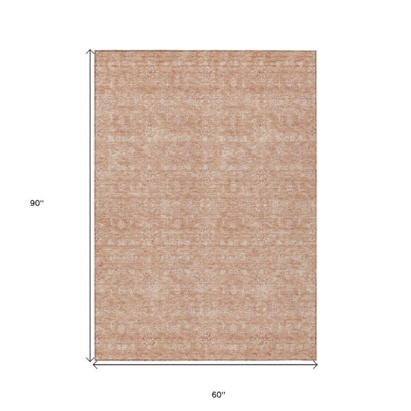 5' X 8' Copper And Beige Floral Washable Indoor Outdoor Area Rug