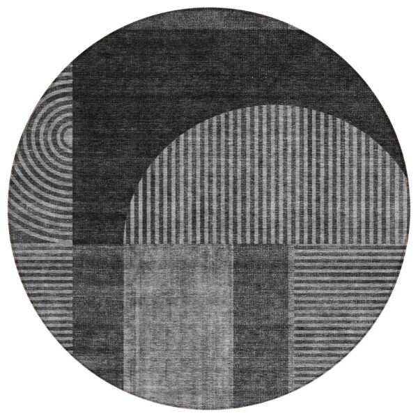 8' Charcoal Gray And Silver Round Geometric Washable Indoor Outdoor Area Rug