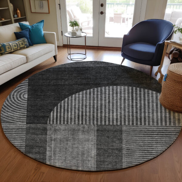 8' Charcoal Gray And Silver Round Geometric Washable Indoor Outdoor Area Rug