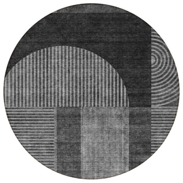 8' Charcoal Gray And Silver Round Geometric Washable Indoor Outdoor Area Rug
