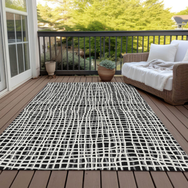 8' X 10' Black Gray And Ivory Striped Washable Indoor Outdoor Area Rug