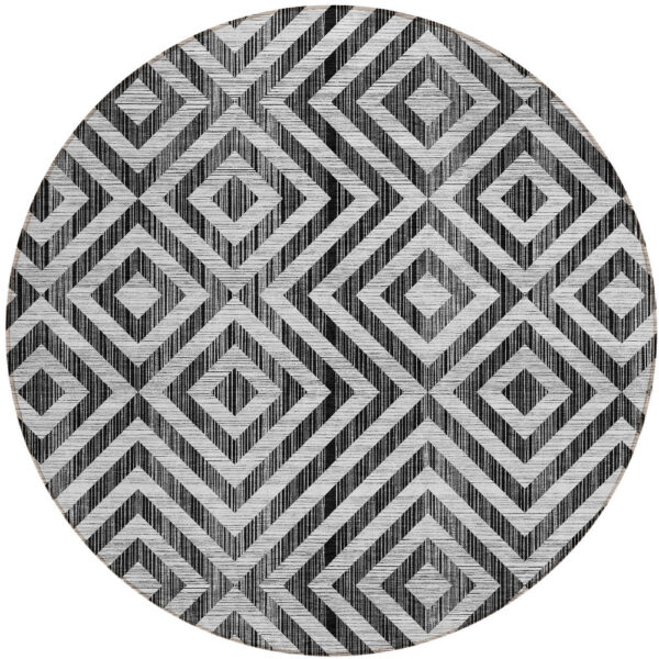 8' Black Gray And Silver Round Geometric Washable Indoor Outdoor Area Rug