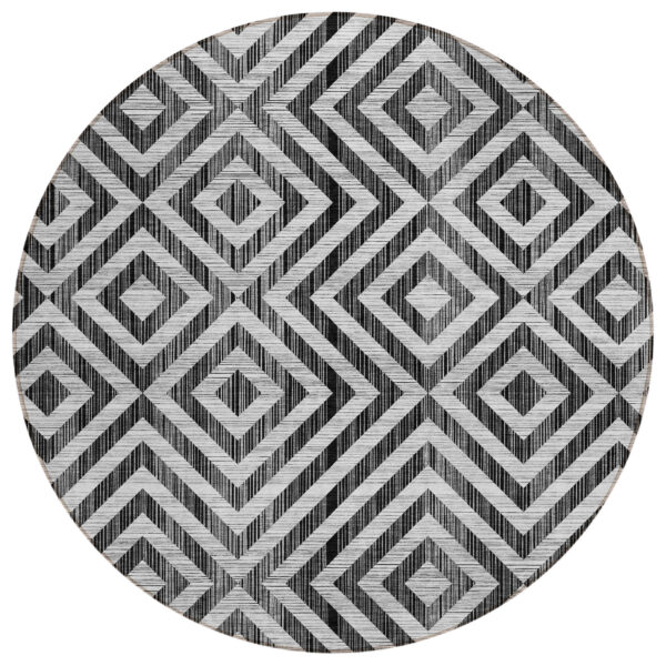8' Black Gray And Silver Round Geometric Washable Indoor Outdoor Area Rug
