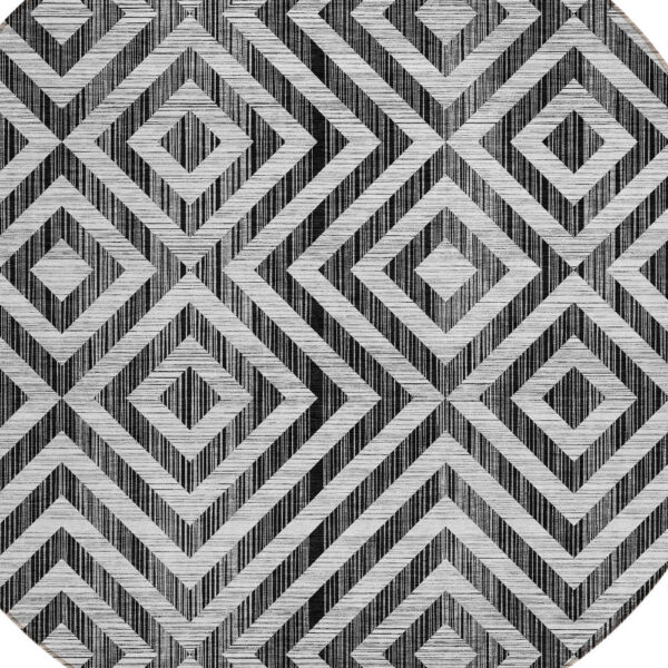 8' Black Gray And Silver Round Geometric Washable Indoor Outdoor Area Rug