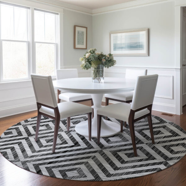 8' Black Gray And Silver Round Geometric Washable Indoor Outdoor Area Rug