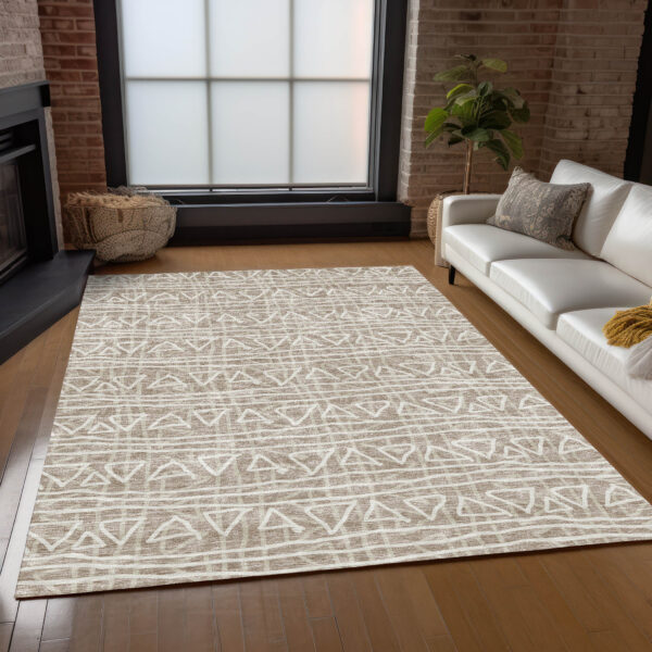 3' X 5' Taupe And Beige Geometric Washable Indoor Outdoor Area Rug