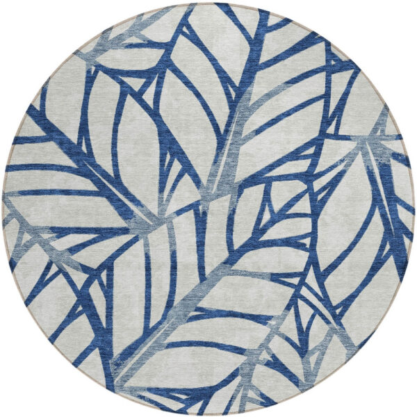 8' Navy Blue And Beige Round Floral Washable Indoor Outdoor Area Rug