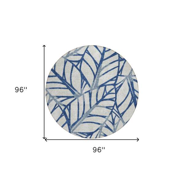 8' Navy Blue And Beige Round Floral Washable Indoor Outdoor Area Rug