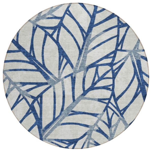 8' Navy Blue And Beige Round Floral Washable Indoor Outdoor Area Rug