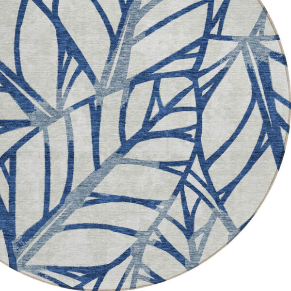 8' Navy Blue And Beige Round Floral Washable Indoor Outdoor Area Rug