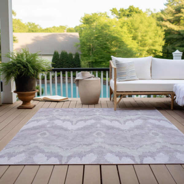 9' X 12' Lavender Purple And Gray Ikat Washable Indoor Outdoor Area Rug