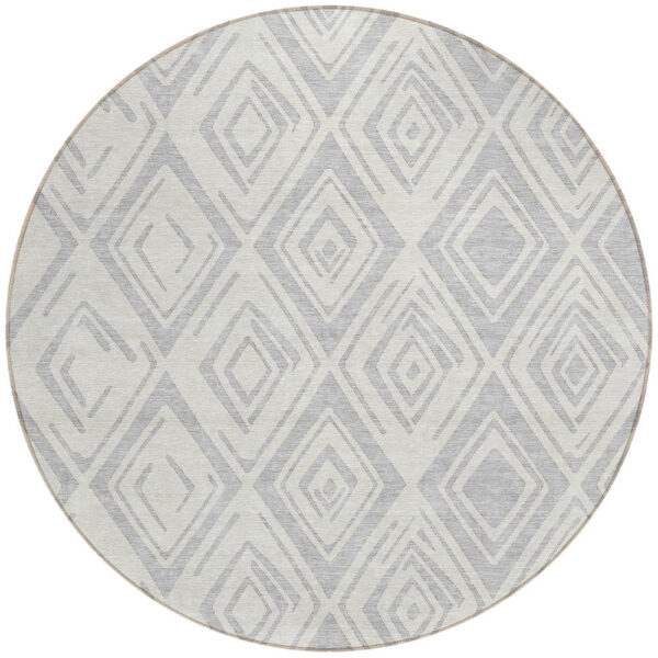 8' Pewter And Ivory Round Geometric Washable Indoor Outdoor Area Rug