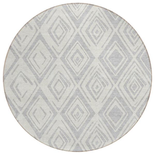 8' Pewter And Ivory Round Geometric Washable Indoor Outdoor Area Rug