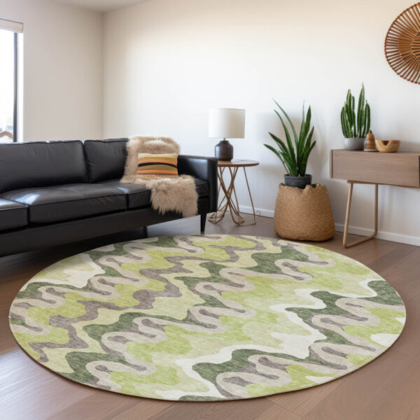 8' Artichoke Green Green And Ivory Round Abstract Washable Indoor Outdoor Area Rug