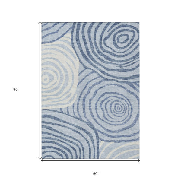 5' X 8' Sky Blue Denim Blue And Ivory Abstract Washable Indoor Outdoor Area Rug